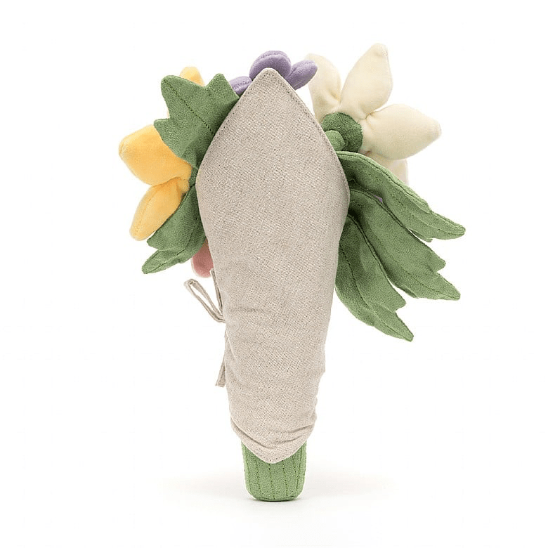 Amuseable Bouquet Of Flowers - CanoayrasJellycat - A smiling stuffed animal bouquet featuring pink, purple, white, and yellow flowers, with its back facing the camera