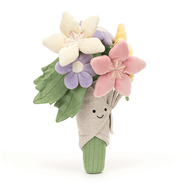 Amuseable Bouquet Of Flowers - CanoayrasJellycat - A smiling stuffed animal bouquet featuring pink, purple, white, and yellow flowers