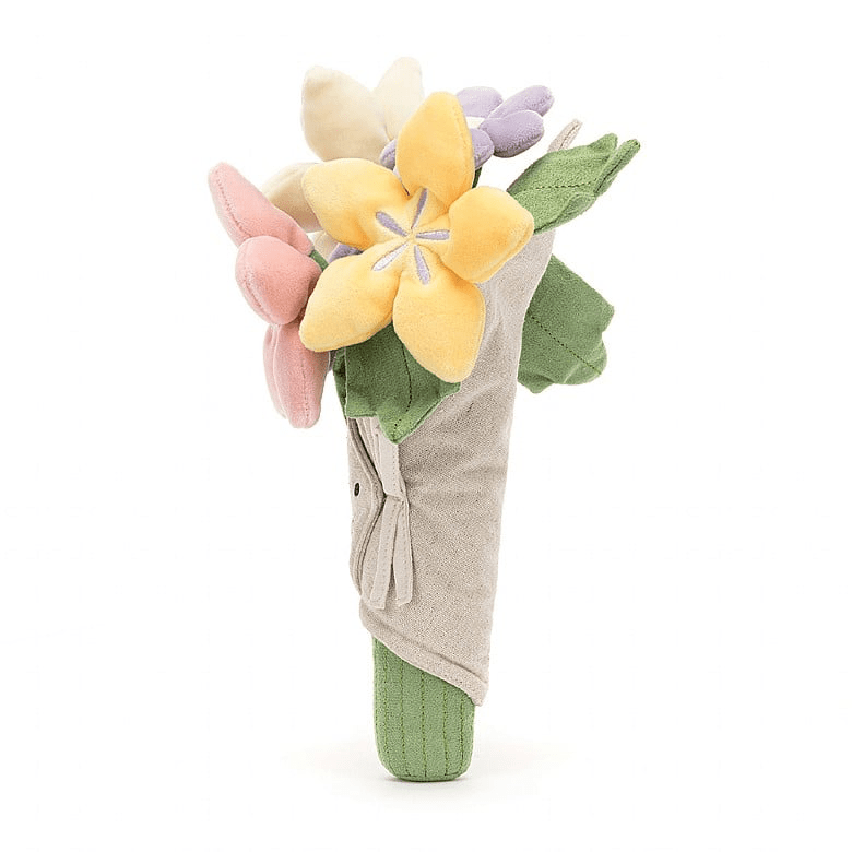 Amuseable Bouquet Of Flowers - CanoayrasJellycat - A smiling stuffed animal bouquet featuring pink, purple, white, and yellow flowers, turned to the side