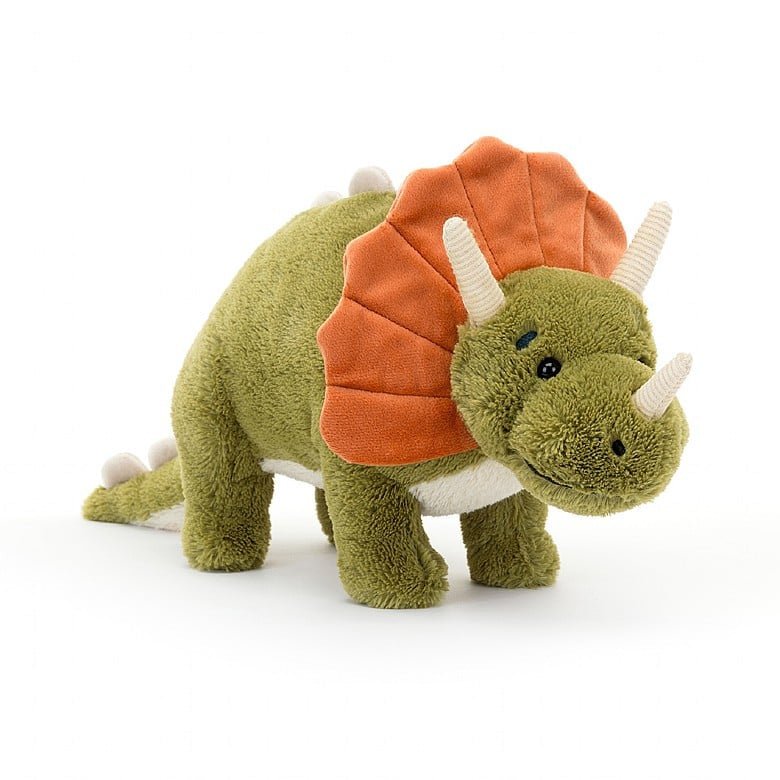 Archie Dinosaur - CanoayrasJellycat - A smiling green triceratops stuffed animal with a orange frill