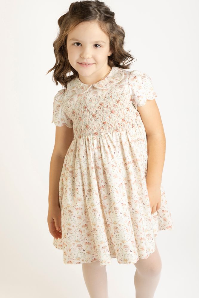 Burgundy Whimsical Floral Dress - Smocked Bodice - Scallop Collar - CanoayrasLuli and Me