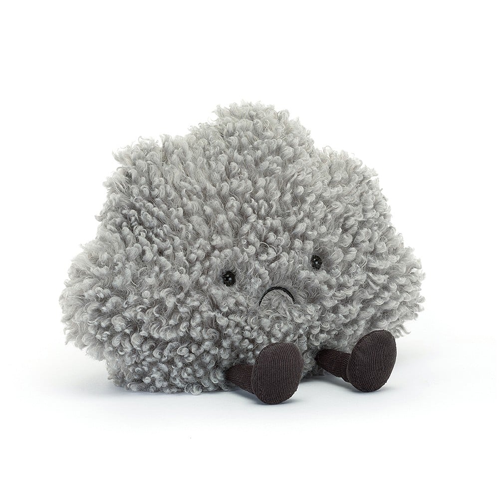 Amuseable Storm Cloud - CanoayrasJellycat - A frowning, gray, fluffy, cloud shaped stuffed animal with dark brown feet