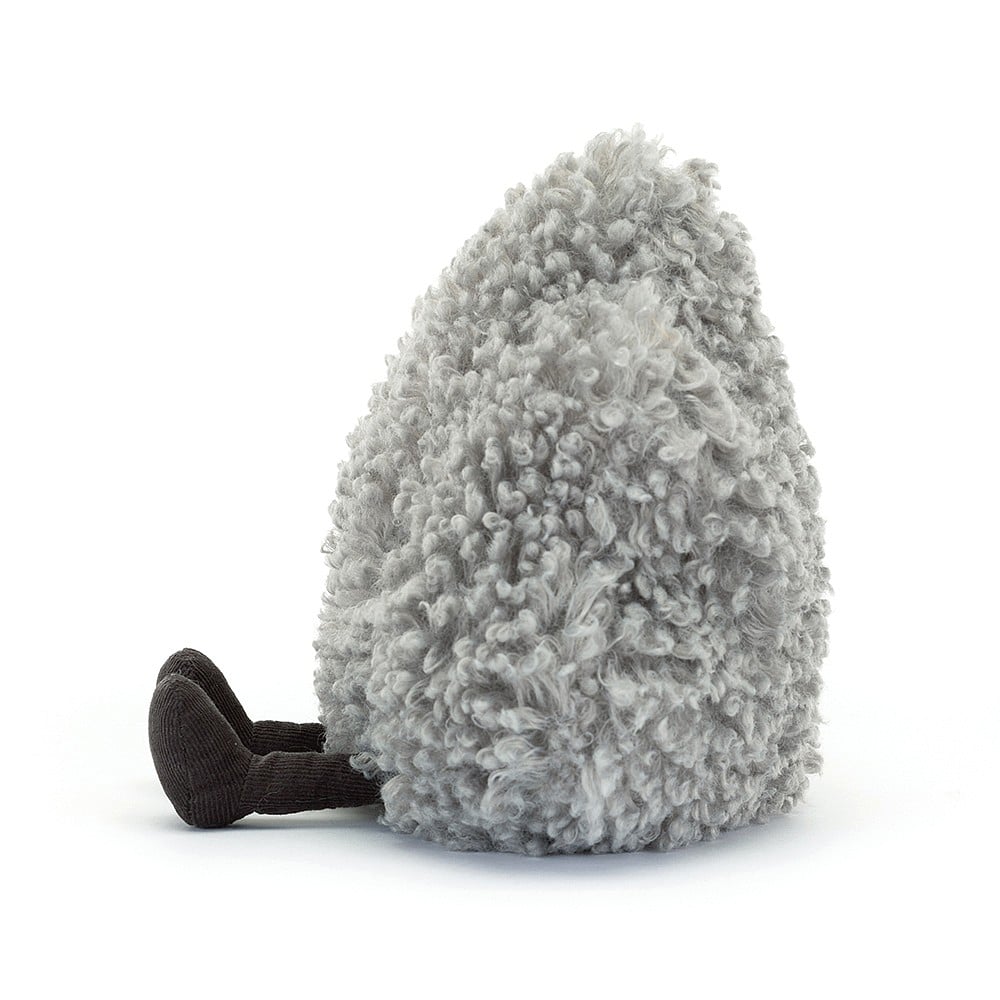 Amuseable Storm Cloud - CanoayrasJellycat - A frowning, gray, fluffy, cloud shaped stuffed animal with dark brown feet, turned to the side