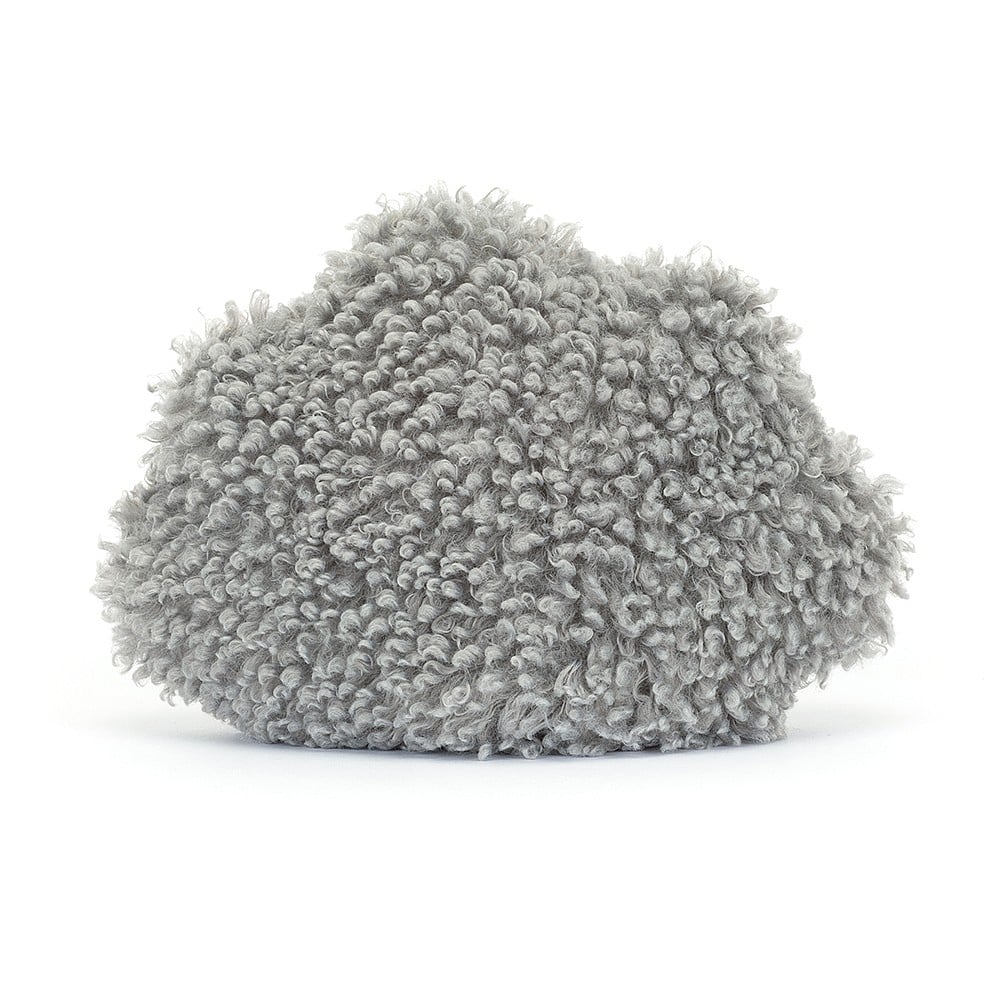 Amuseable Storm Cloud - CanoayrasJellycat - A frowning, gray, fluffy, cloud shaped stuffed animal with dark brown feet, with its back facing the camera